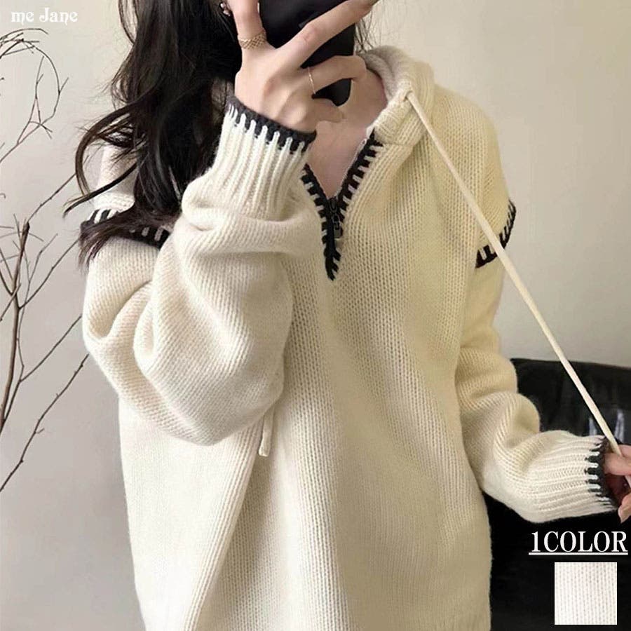 ハンドステッチZIPネックニットプルパーカー[品番：MJNW0002352]｜me