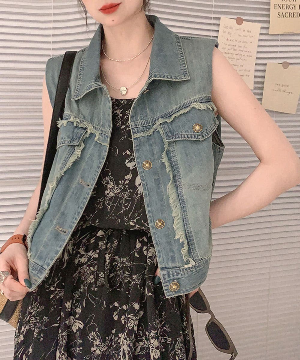フリンジデニムベスト 襟付き デニムジレ[品番:II000012428 フリンジデニムベスト 襟付き デニムジレ[品番:II000012428