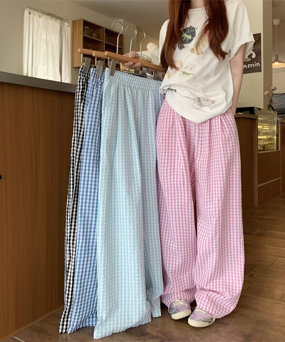 20％off】ハイウエストチェックパンツ(サーモンピンク) - seventen