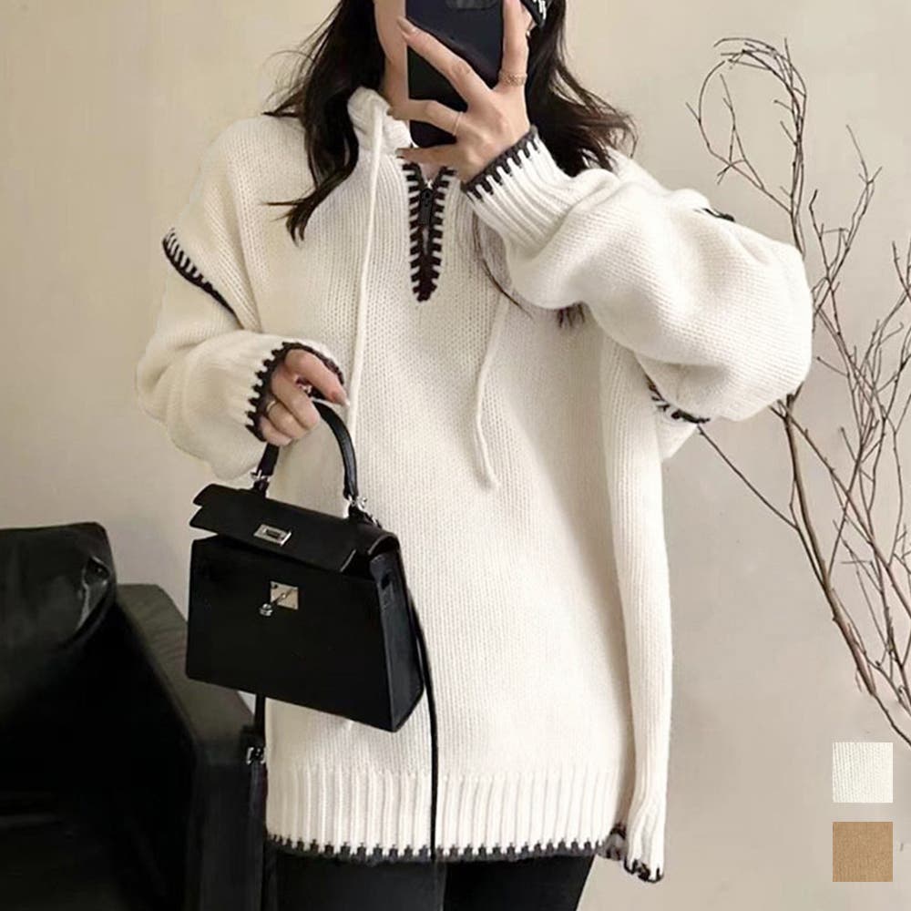 フード付きニットパーカー韓国ファッション[品番：II000011046