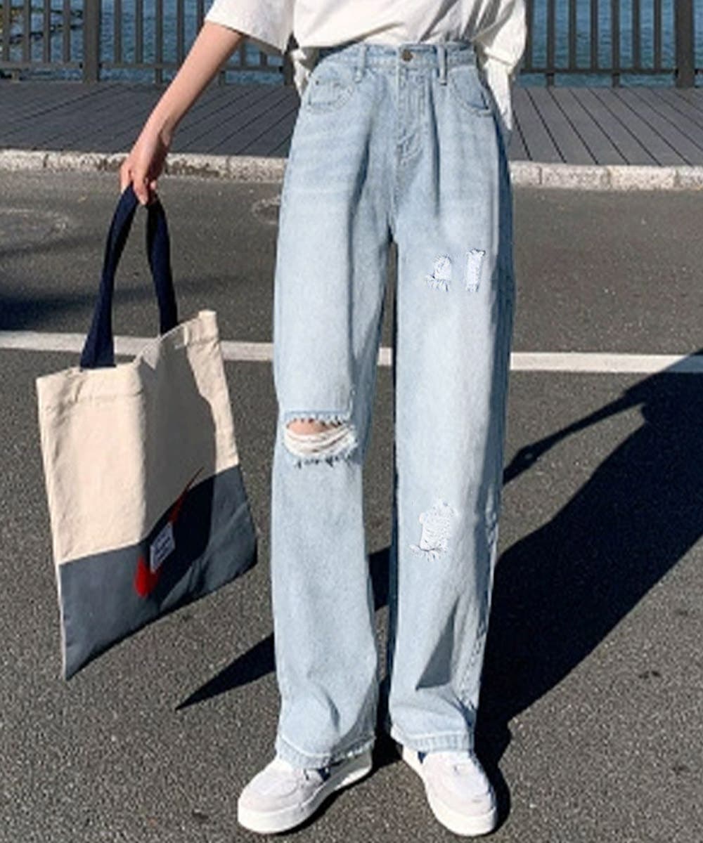 ワイド デニムパンツ ダメージ加工脚長[品番：II000007032