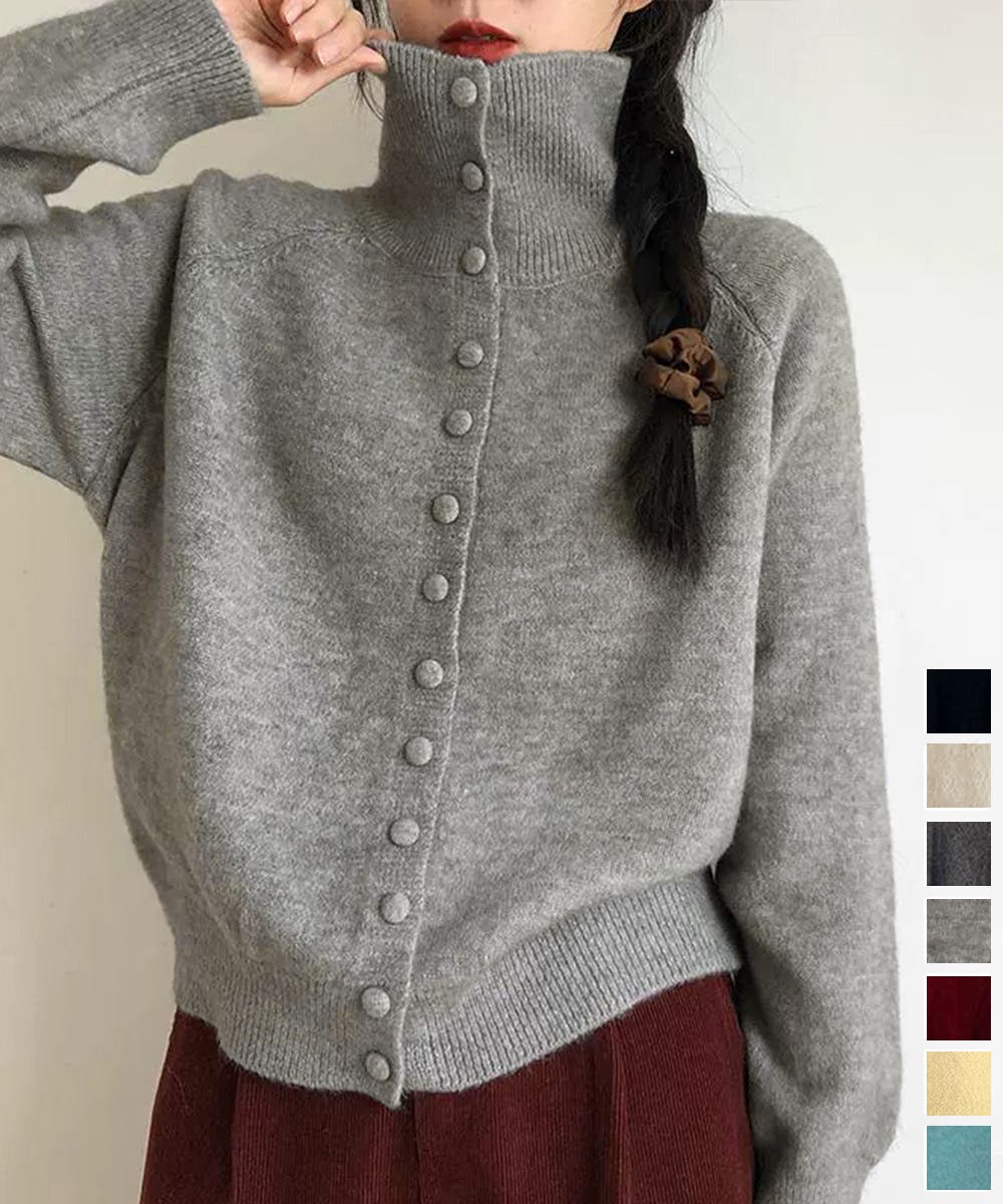 くるみボタンハイネックニットカーディガン[品番：II000013459