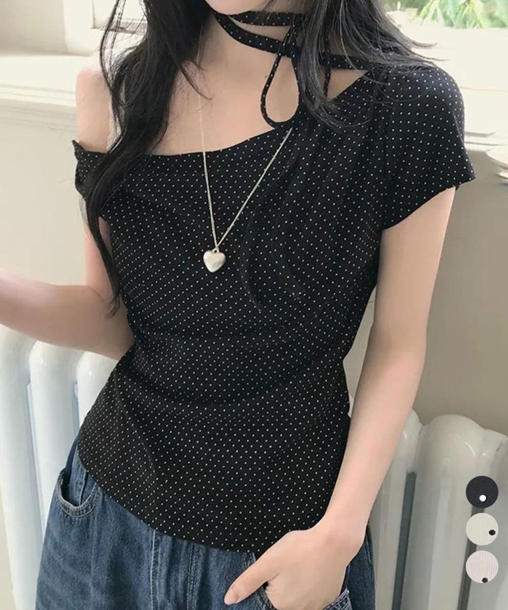 ドット柄tシャツオフショルダートップス夏[品番：II000013788