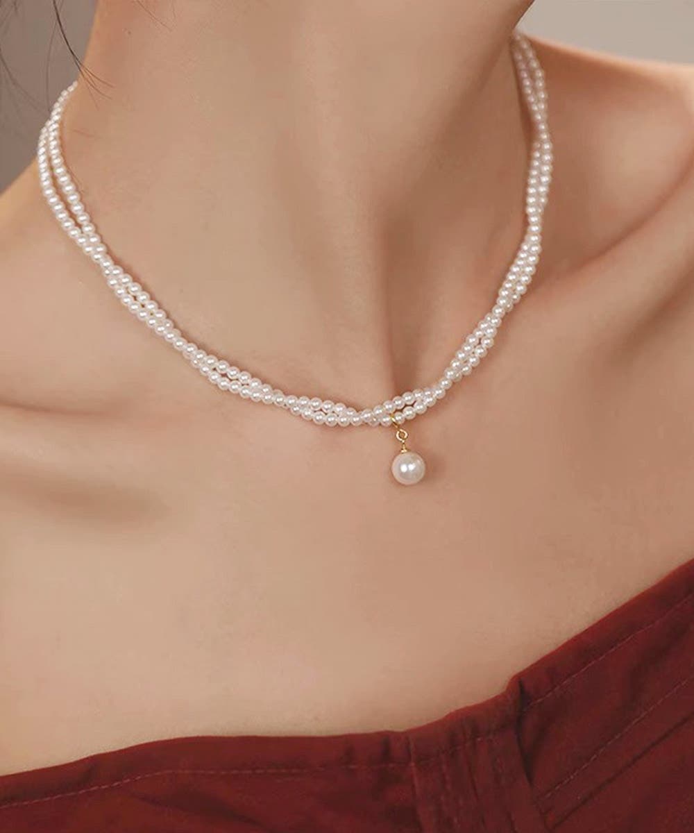 フラダンス　ドレス　Ｍサイズ　２連パールネックレス付き 2連パールネックレス 結婚式 重ね付け風[品番：II000012619
