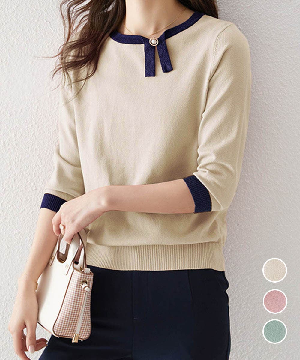 レディース 7分袖首リボンニットセーター[品番：II000012135