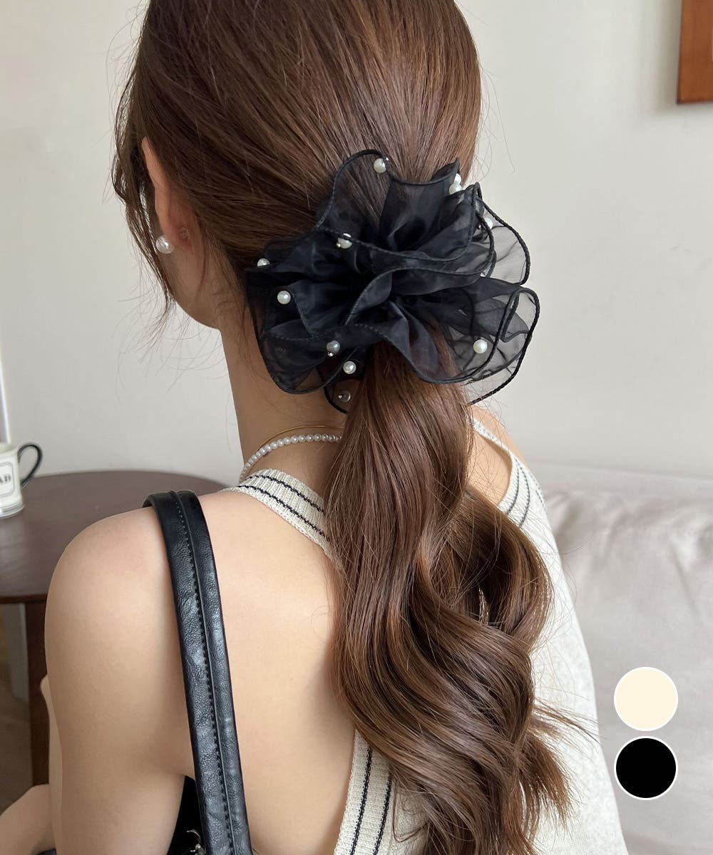 透け感シュシュ パール 韓国風 ヘアゴム[品番：II000012881
