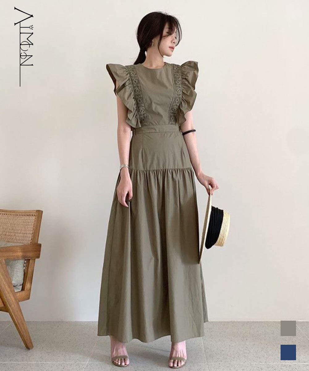 アネモネ(チャコール) フリルレディースワンピース ハンドメイド