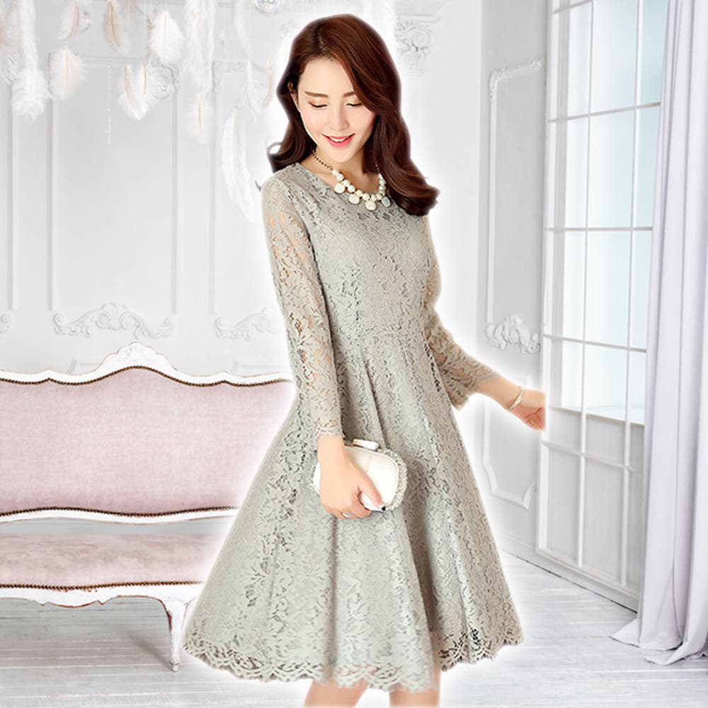 たっぷりフレアの総レースドレス 3色 パーティードレス[品番