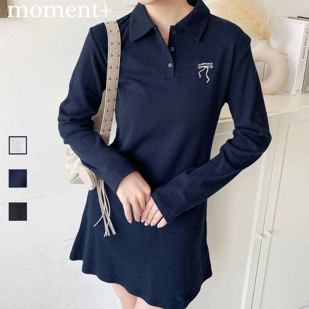 ワンポイントリボン刺繍長袖ポロワンピース[品番：ERMW0004104