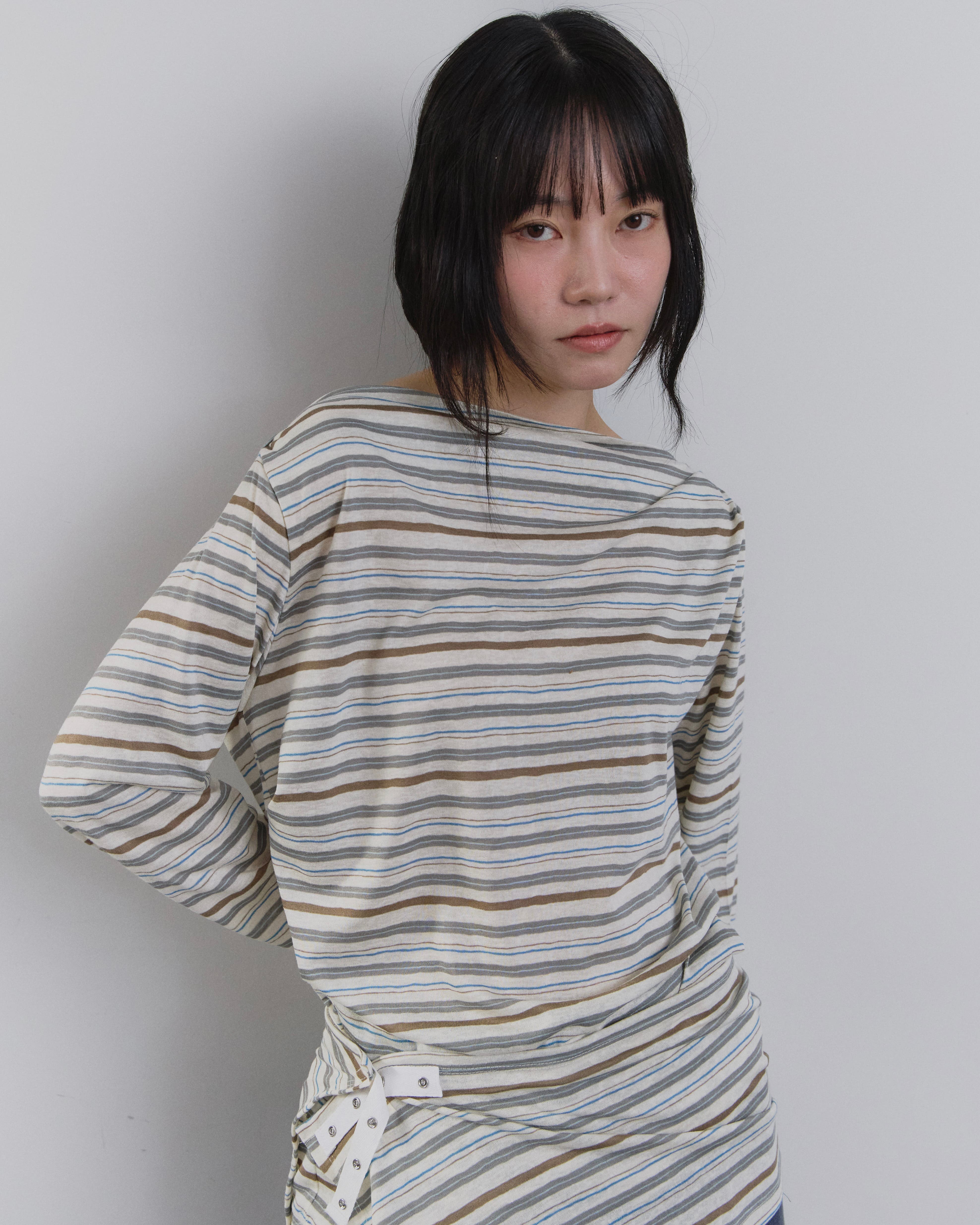 ボタンディテールロングボーダーTシャツ 韓国ファッション[品番