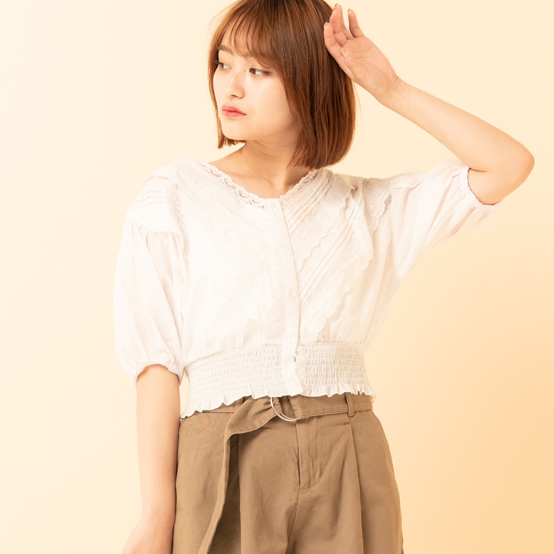 ○RETRO GIRL○ Vレース前開き5分袖BL[品番：RTGW0000884]｜RETRO GIRL