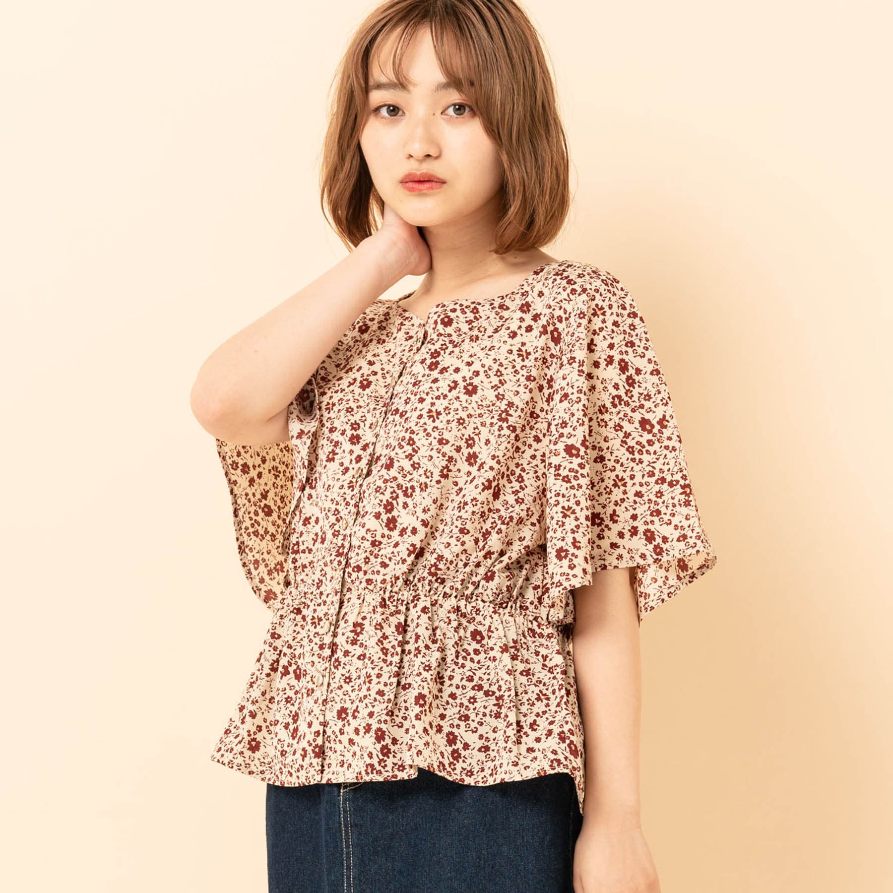 花柄 ボタニカル柄 リボンペプラムブラウス レトロ ヴィンテージ 日本製 紫 緑 ◇RETRO GIRL◇ Bリボンペプラム花柄BL[品番：RTGW0002363