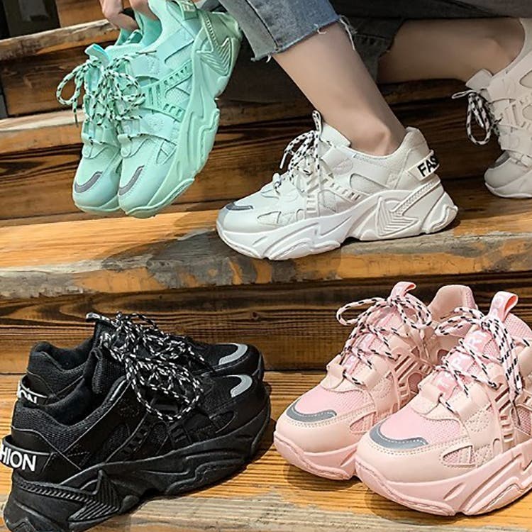 ボリュームソール厚底ダッドサンダル3色 Lace Ladies サンダル ソリッドカラー ダッド風 厚底 ボリューム