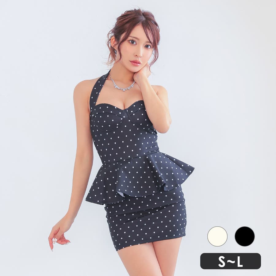 ブラック ドット柄シアー タイトドレス 花柄フロッキー袖付きタイトラインドレス｜パーティードレスの