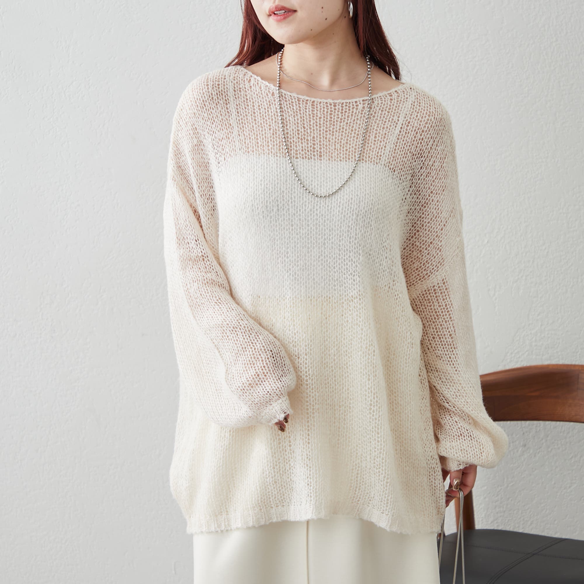 Web限定・リバイバル】モヘアタッチ透かしニット[品番：OLOW0014119 