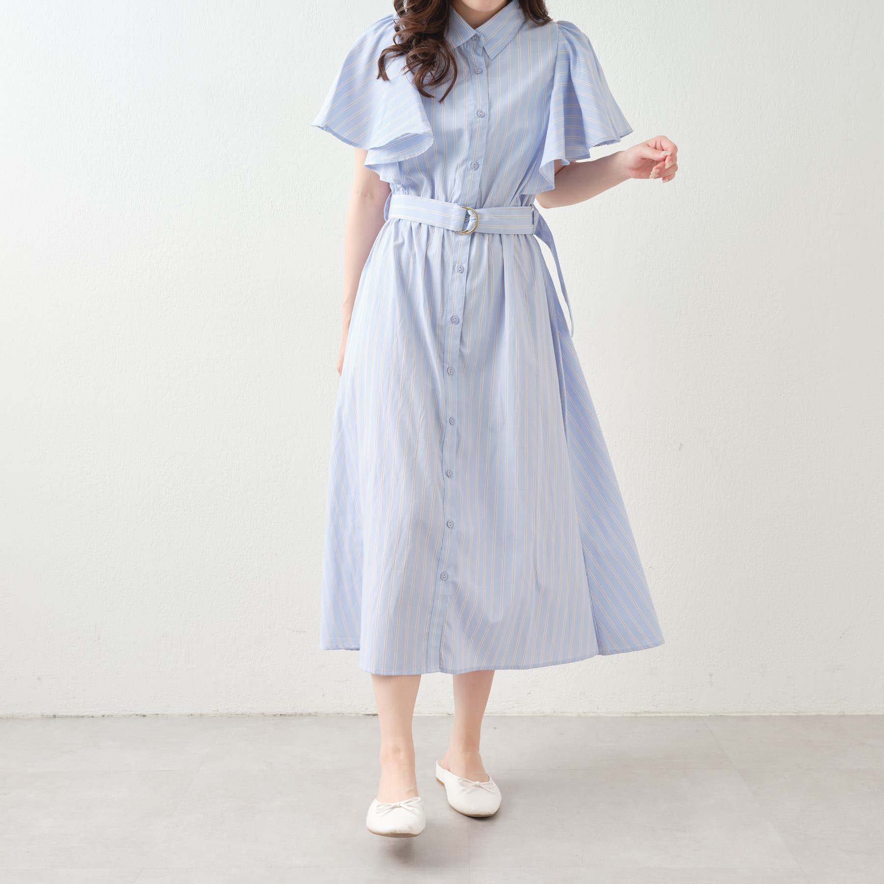 ストライプ袖フリルシャツワンピース[品番：OLOW0010283]｜RMAF