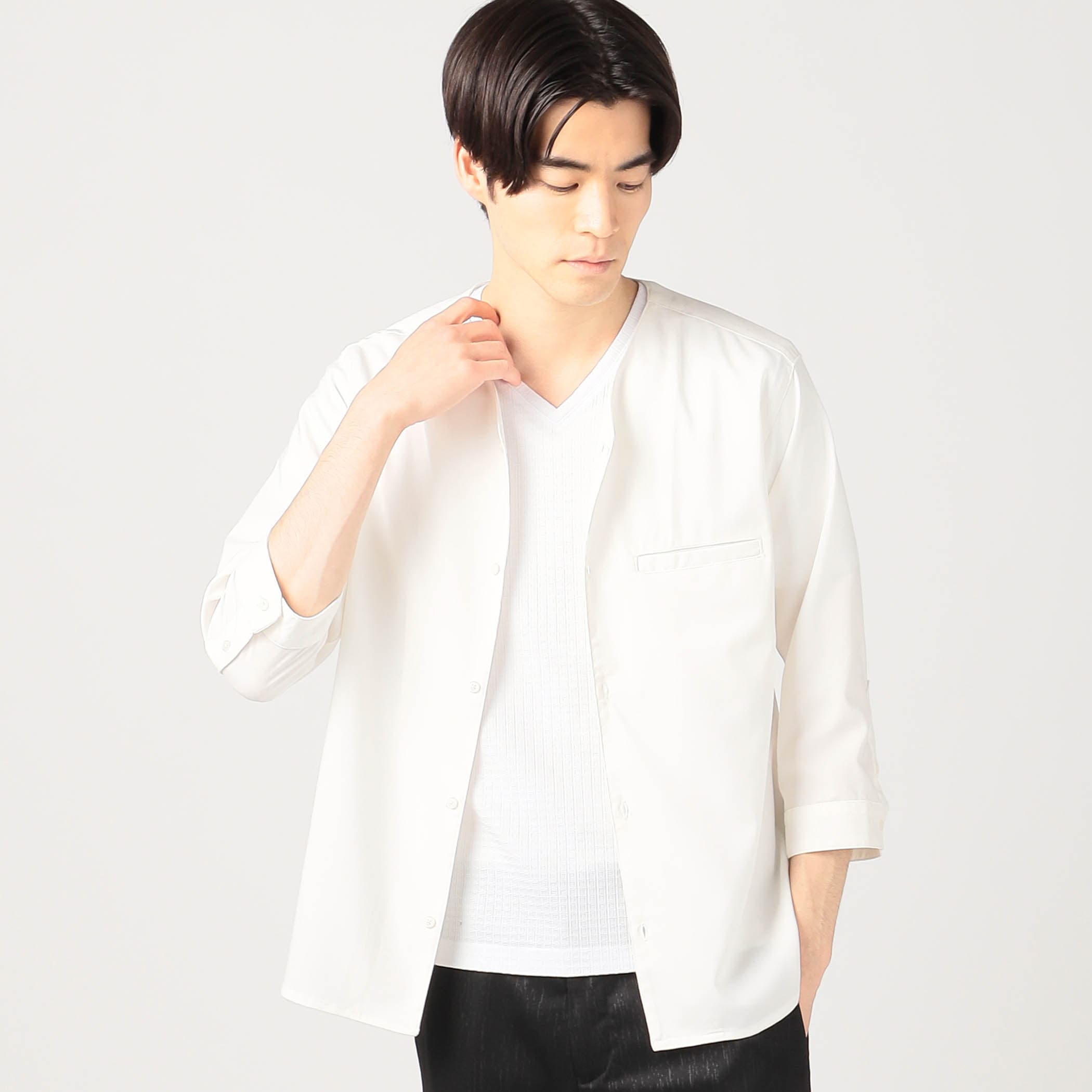 ノーカラーVネック7分袖シャツ[品番：NICW0003290]｜NICOLE