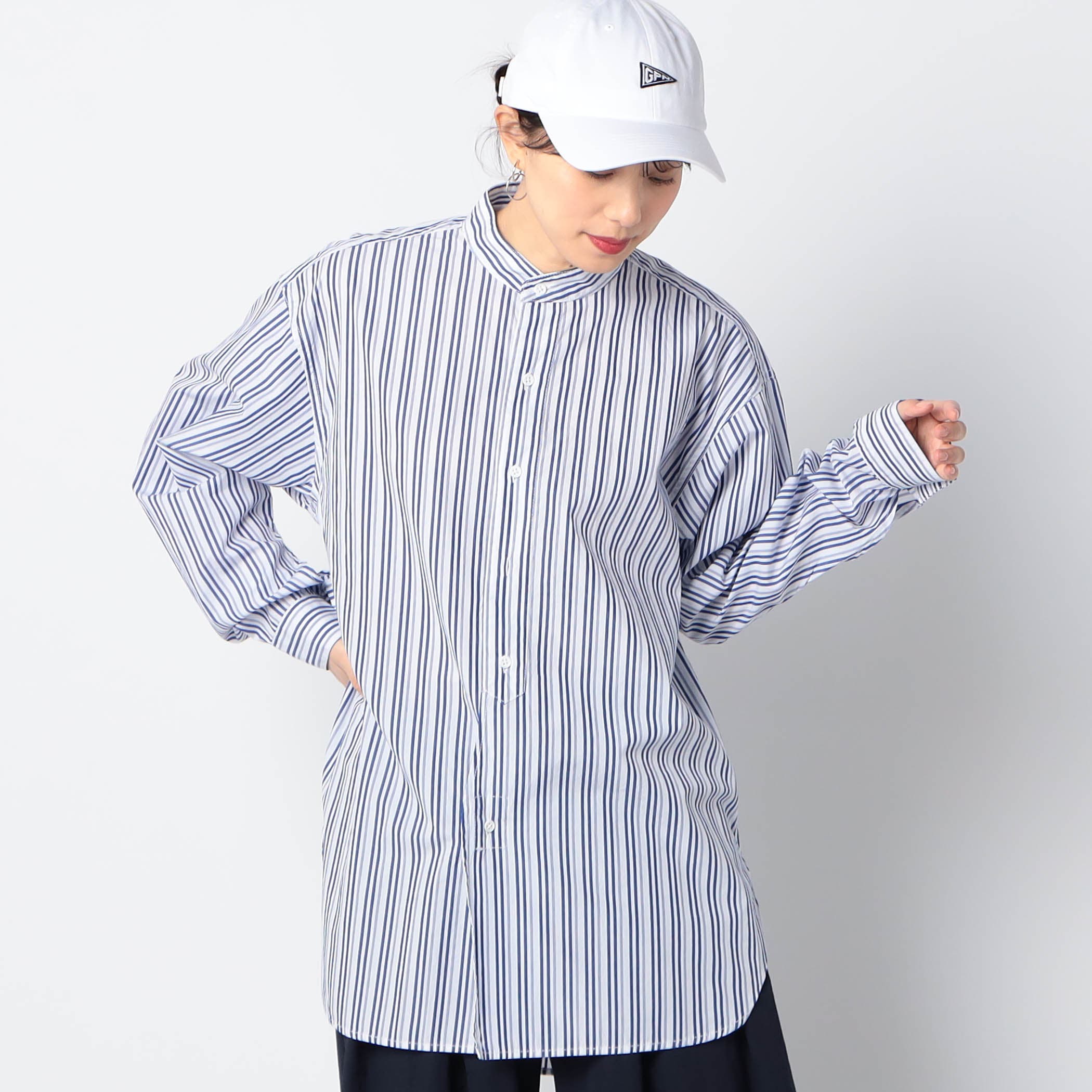 ROYAL NAVY】バンドカラーストライプシャツ[品番：NICW0005342