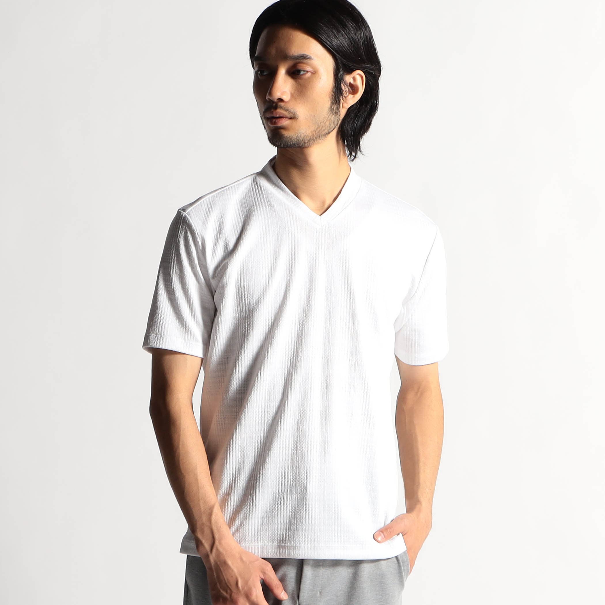 ブリスターグレンチェックVネック半袖Tシャツ[品番