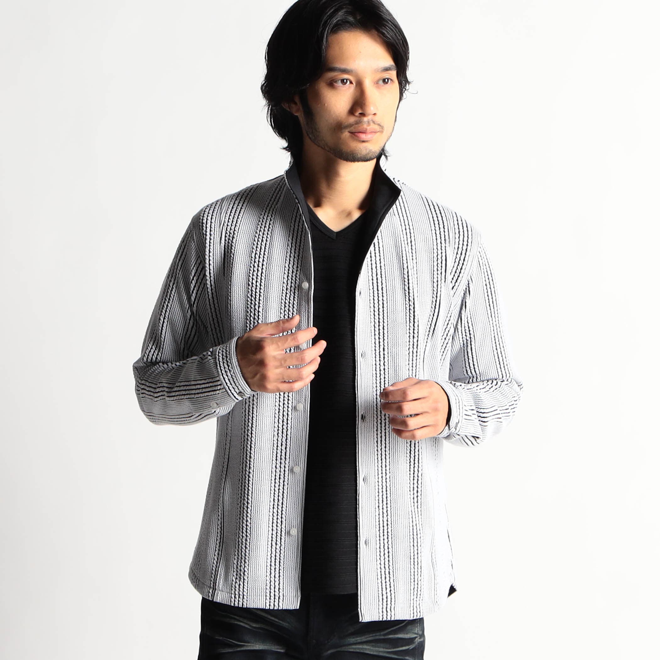 ブリスターストライプイタリアンカラーシャツ[品番：NICW0005225