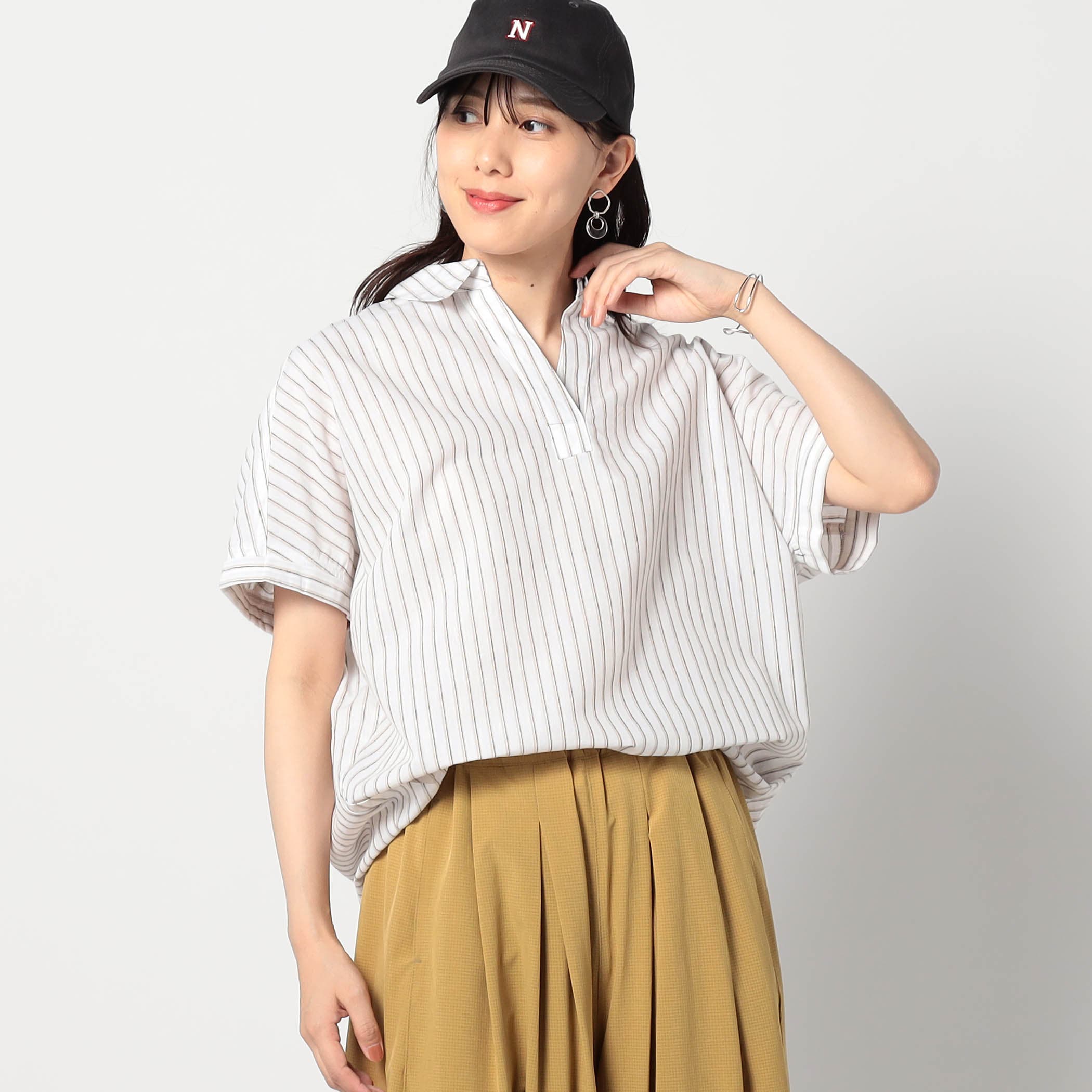 爽やか吸水速乾リネン 襟付きキーネックシャツ/ストライプ[品番