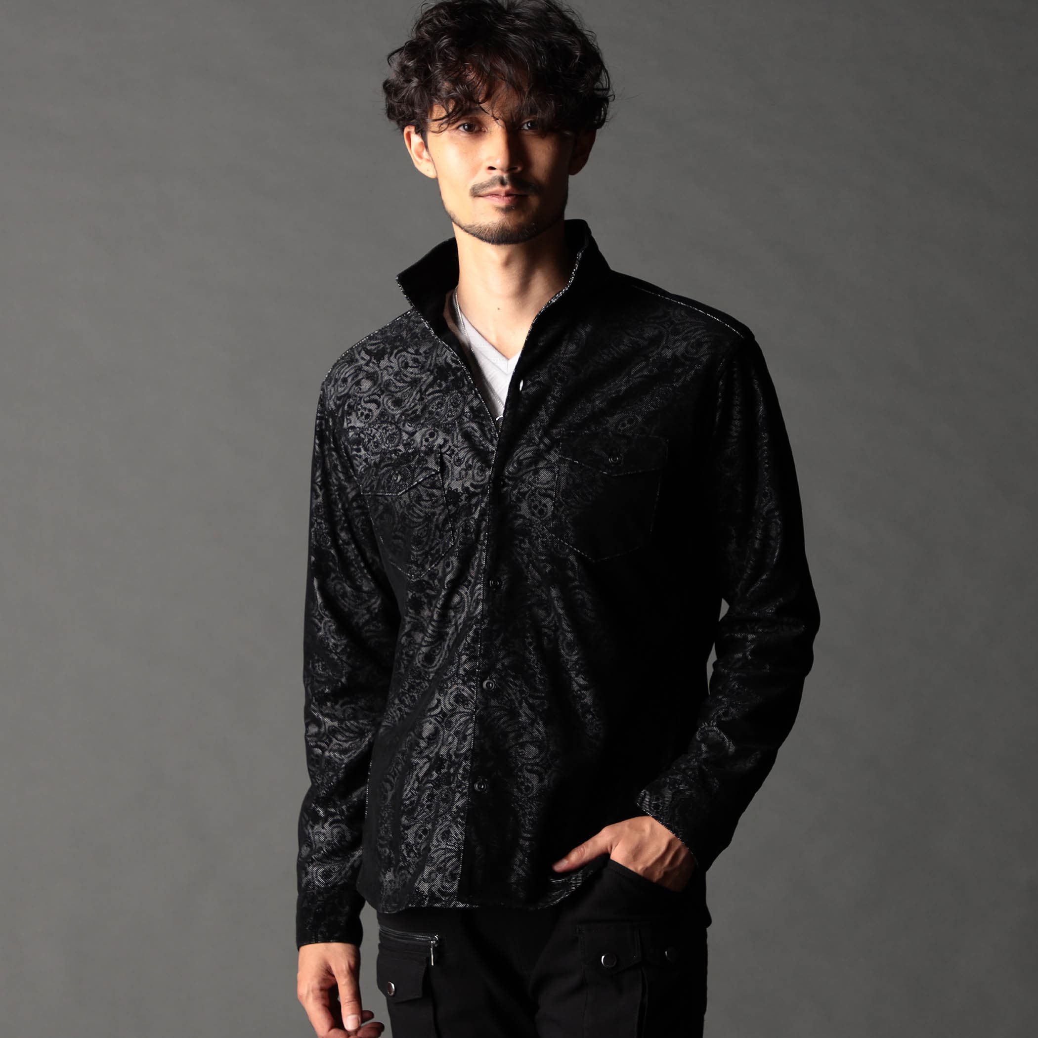 ジャーナルスタンダード　ペイズリープリントカイキンシャツ　ブラック フロッキーペイズリープリントシャツ[品番：NICW0007098]｜NICOLE