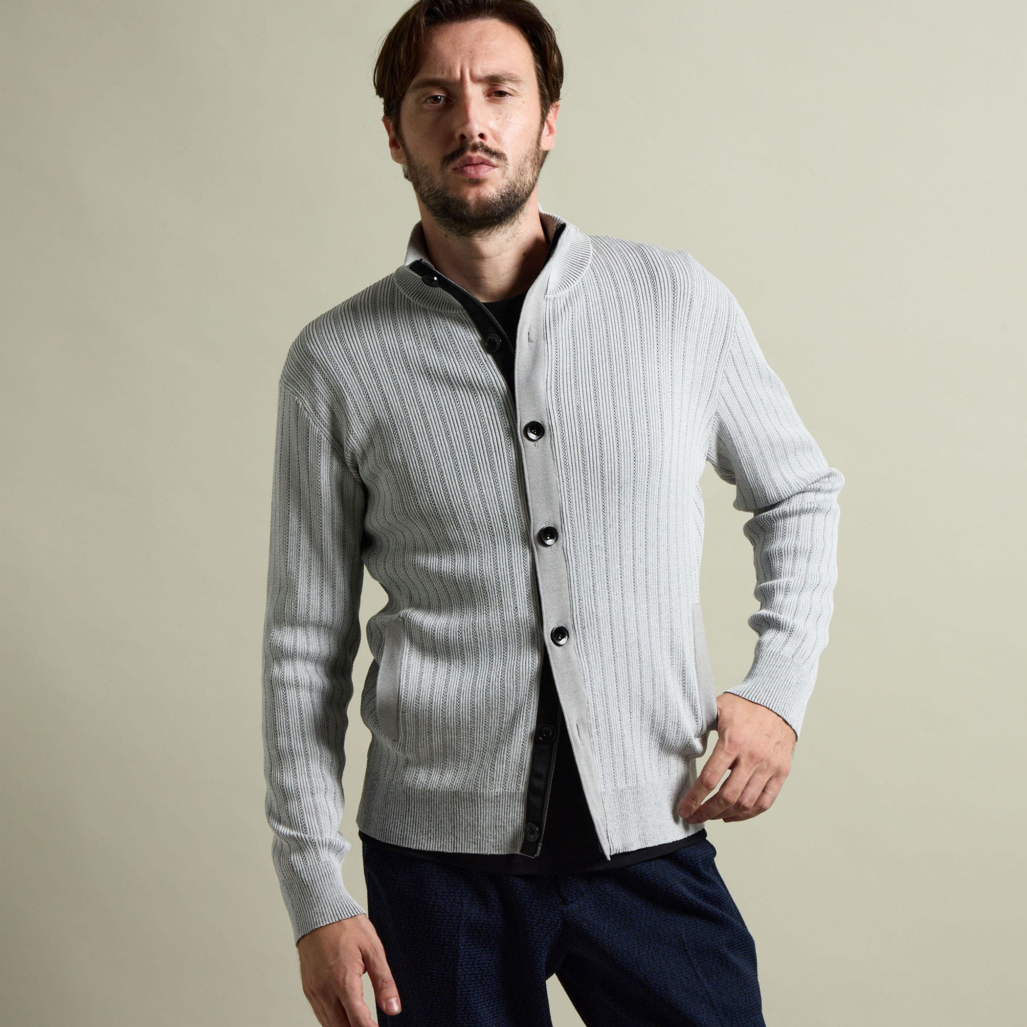 プレーティングリブジャカードニットジップブルゾン[品番：NICW0007060