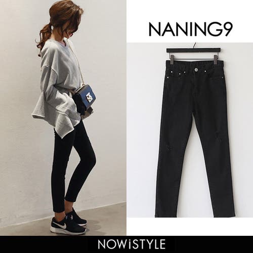 NANING9ブラックスキニージーンズデニム パンツ スキニーデニム