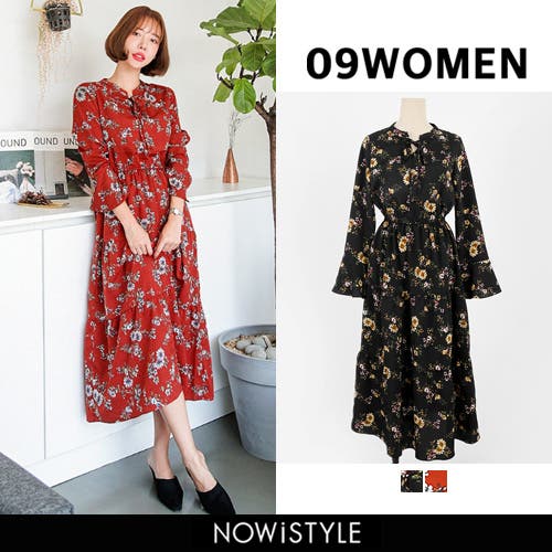 09WOMEN花柄フレアロングワンピース 韓国 韓国ファッション[品番
