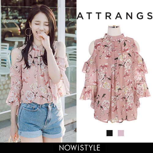 韓国ファッション　attrangs 花柄オフショルダーシフォンワンピース 韓国ファッション attrangs 花柄オフショルダーシフォン