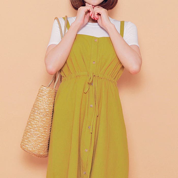 HOTPING(ホッピン)フロントボタンワンピース夏，マスタード ワンピース