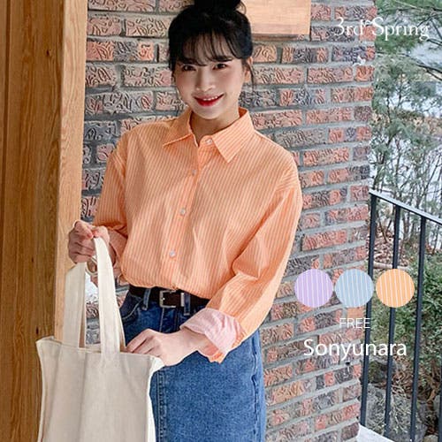 プリント ストライプ シャツ 2色 春 秋 カジュアル 韓国 nr8206 SONYUNARA爽やかストライプシャツ韓国 韓国ファッション 春[品番