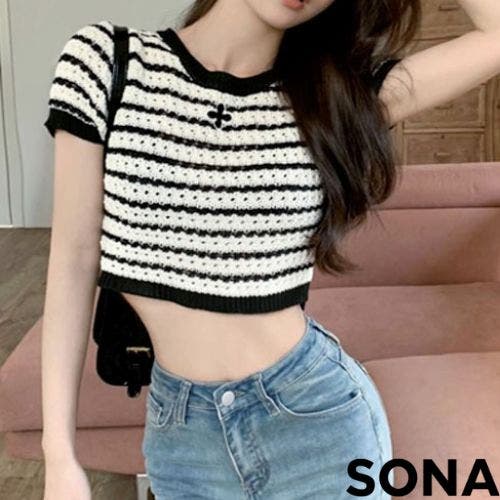 半袖ニット Thanna プロフ必読様 SONA(ソナ)ストライプクロップ半袖ニット[品番：NWIW0010752