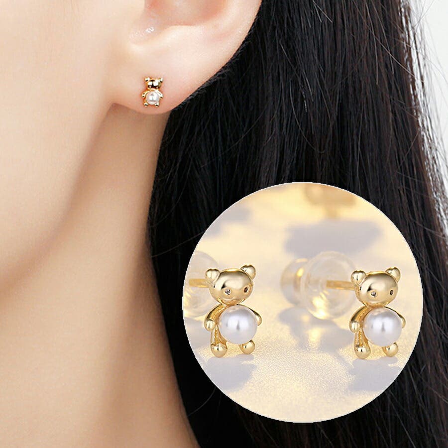 くまパールピアス ゴールドベア パール[品番：XL000002885