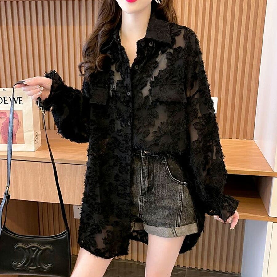 花柄　シアー　ブラウス　羽織　ふんわりお姫様袖 長袖フリンジシアーブラウス花柄 ロング丈 羽織り[品番