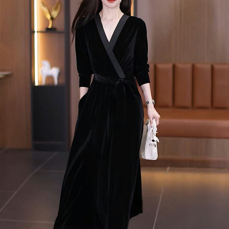 極美品✨近年 フォクシー ベロアフレアワンピースドレス Vネック ブラック 40 cs017_1.jpg