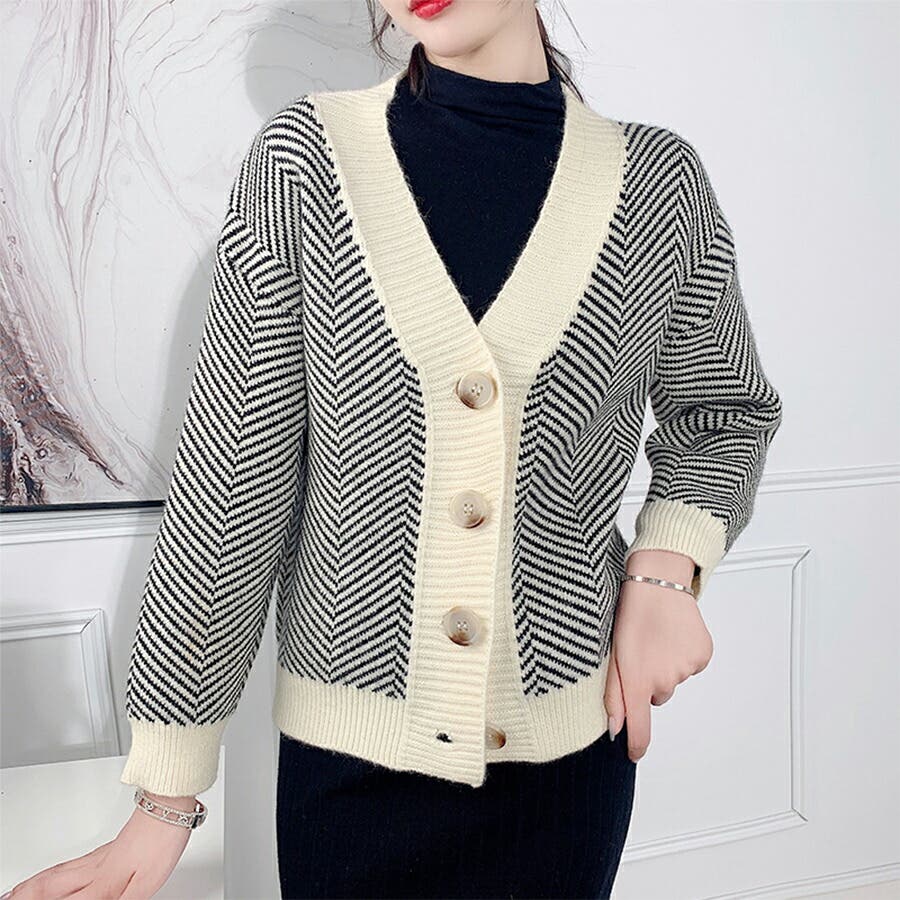 ヘリンボーン柄カーディガン 重ね着 個性的[品番：XL000002031