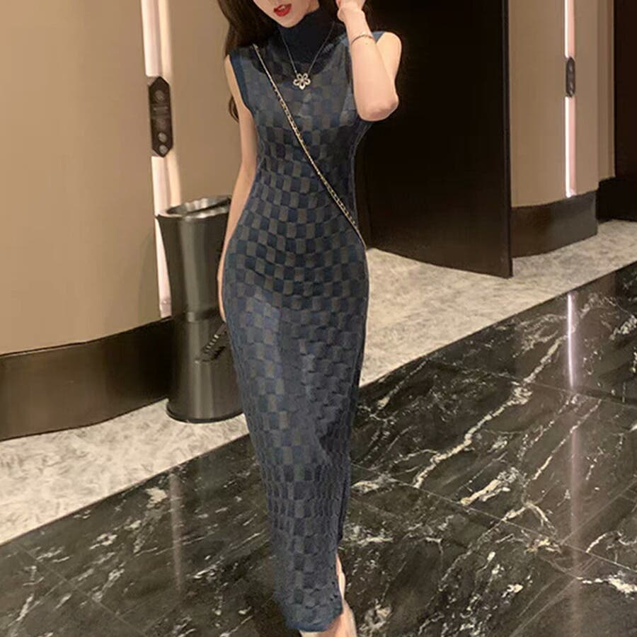 ノースリーブニットワンピース ハイネック フィット[品番：XL000003483