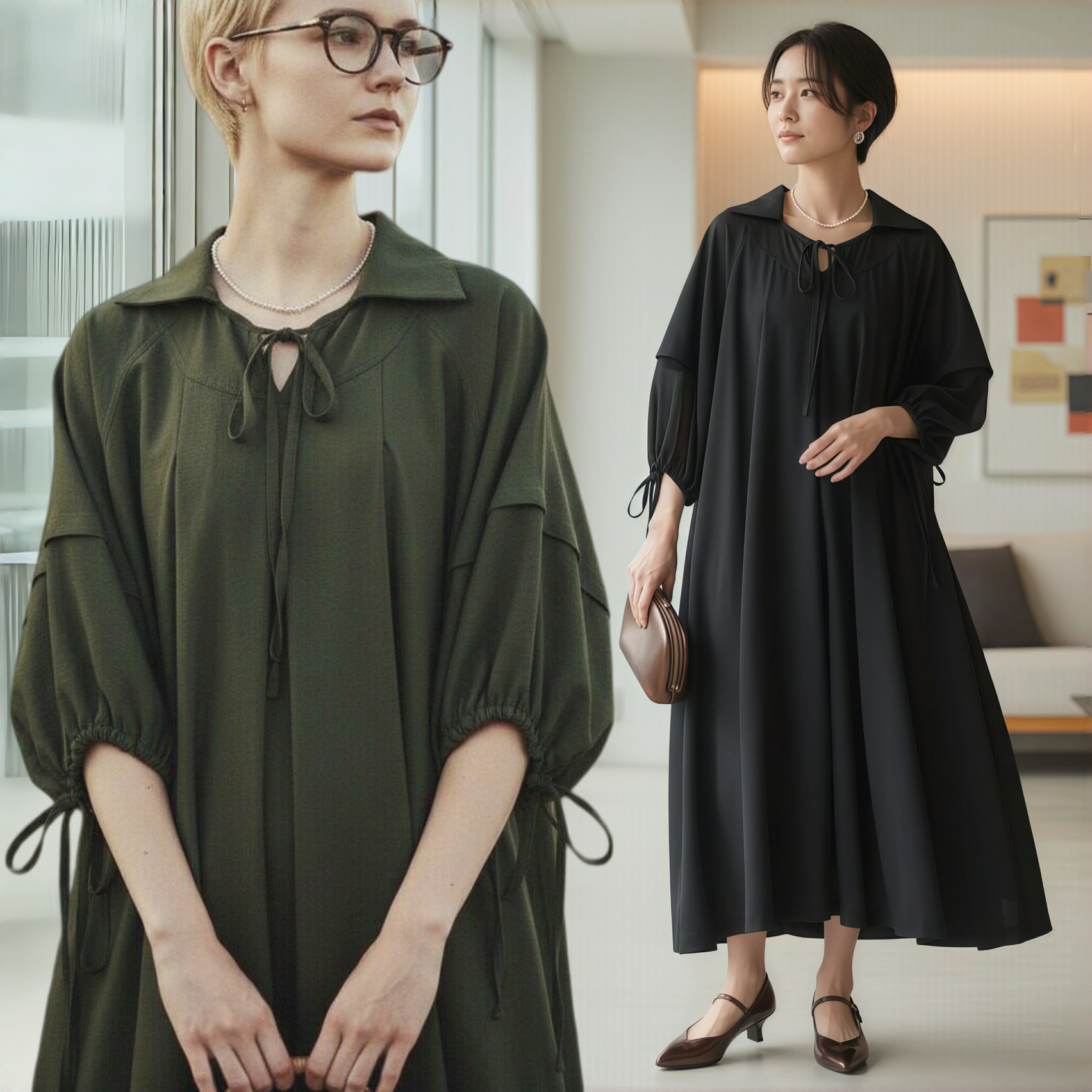 半袖ロングワンピースシフォン切替フレアタックロング丈 Aライン[品番