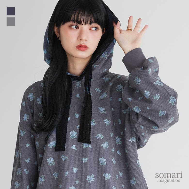 somari imagination花柄サーマルフードカットソー [品番：MITW0018465