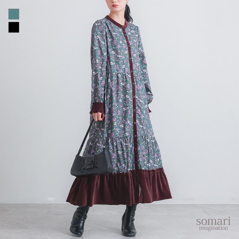 somari imaginationベロア切替花柄ティアードワンピース [品番