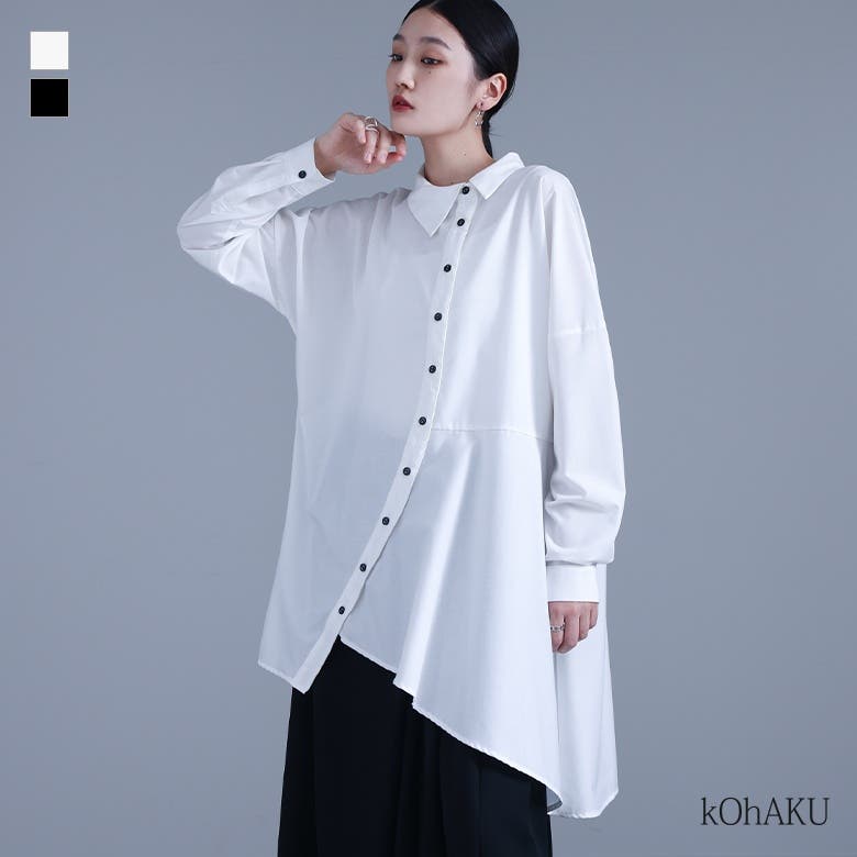 Off-White / オフホワイト | ストライプ ボーダー アシンメトリー 切替 オーバーサイズシャツ | 42 | ホワイト / ブルー | レディース tgk0305_001.jpg