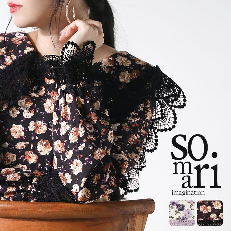 somari imaginationビッグカラー袖口レース花柄ブラウス[品番