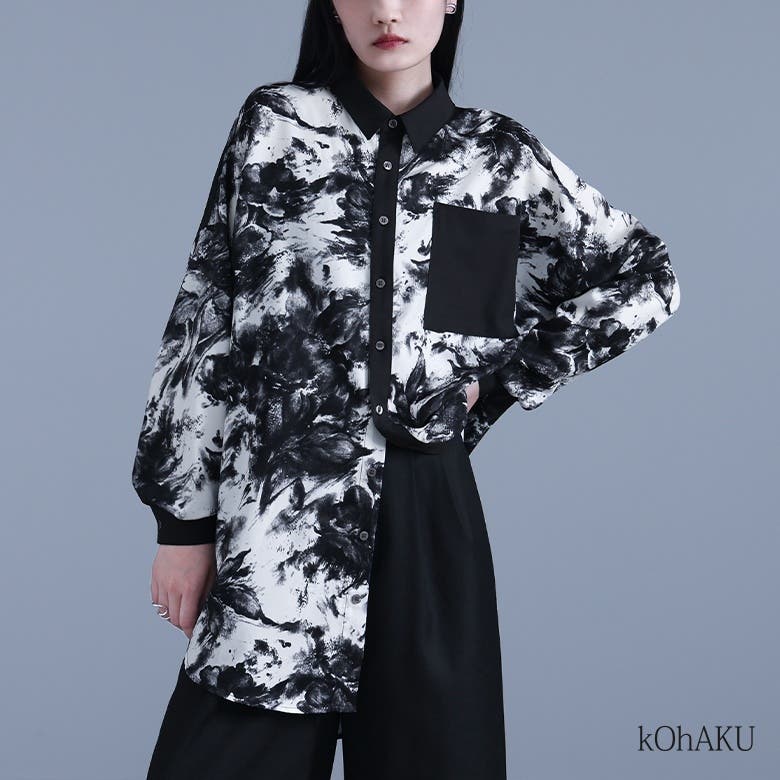 kOhAKU水彩画風アート柄ロングシャツ[品番：MITW0016528