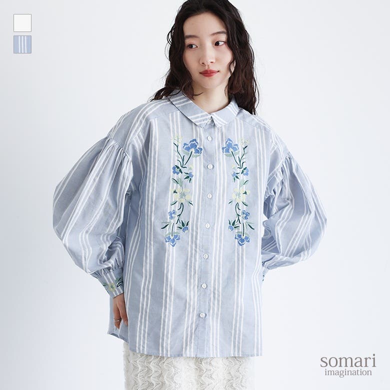 somari imagination花柄刺繍ボリューム袖シャツブラウス [品番