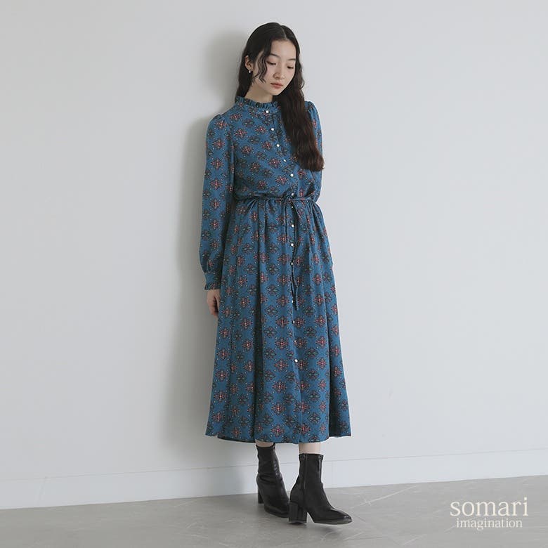 somari imaginationフリル×レトロデザインロングワンピース[品番