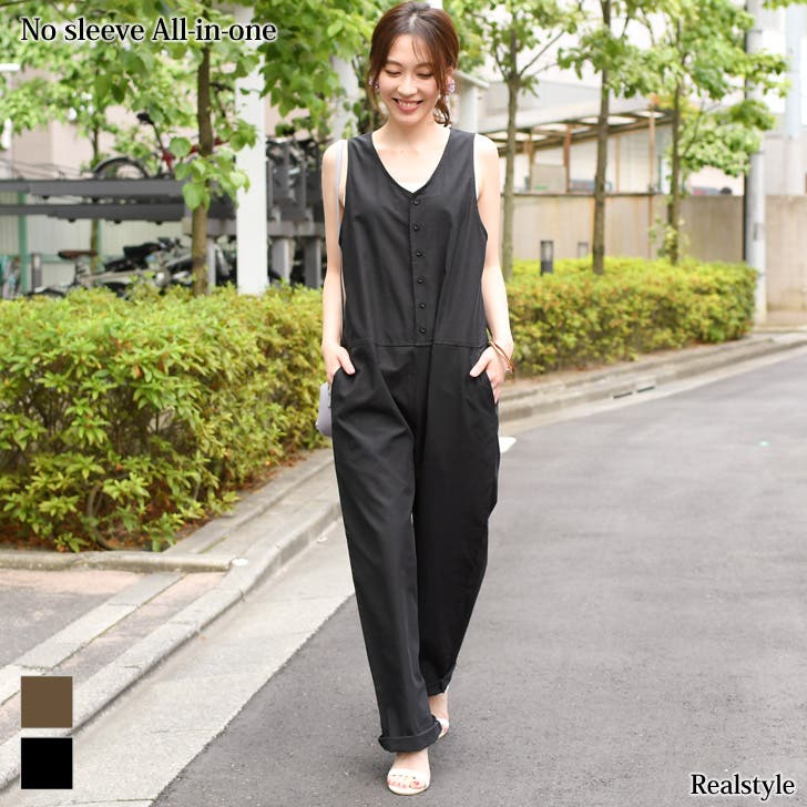 Vネックノースリーブオールインワン レディース サロペット[品番
