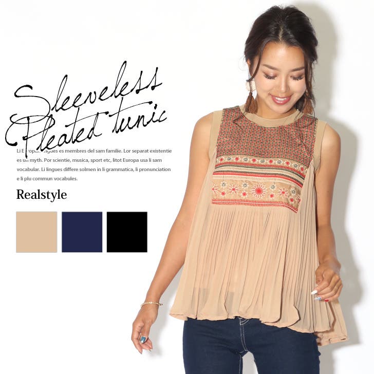 フロント刺繍プリーツノースリーブチュニック レディース トップス