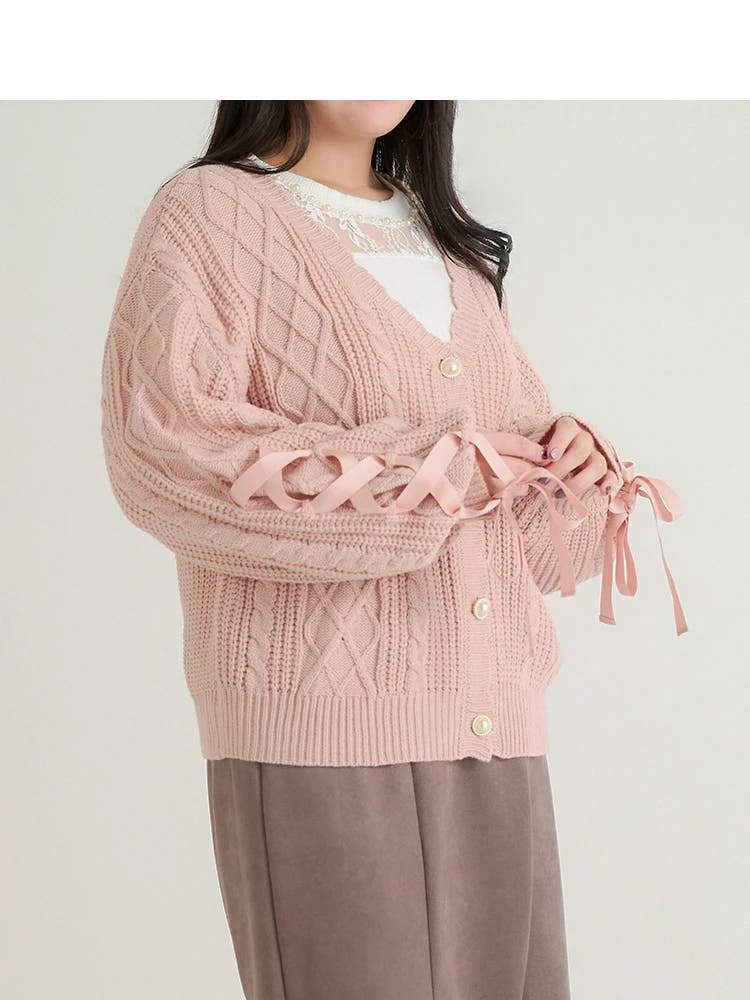 新品【エムズグレイシー】ニットカーディガン　ケーブル　リボン　パフスリーブ　白 ケーブル編みビジューリボンニットカーディガン[tt010] | レディース