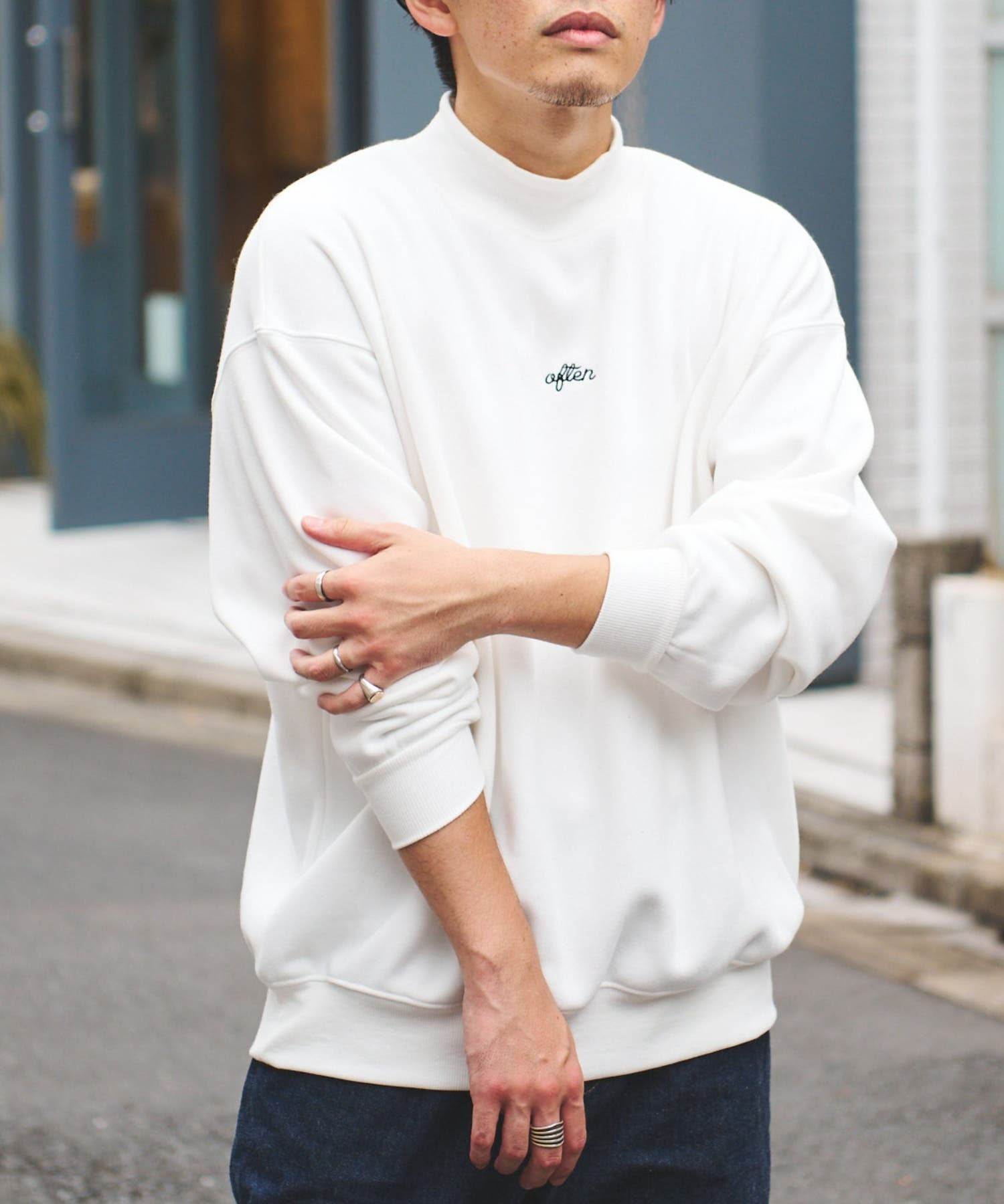 ワンポイント刺繍TC裏起毛スウェットモックネックプルオーバー[品番